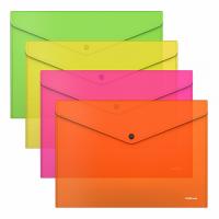 Папка-конверт на кнопке пластиковая  ErichKrause® Glossy Neon, полупрозрачная, A4, ассорти (в коробк